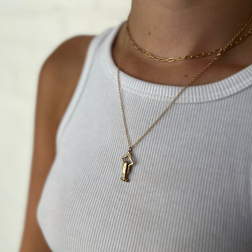 Woman Wearing Handcrafted Crawfish Pendant Necklace