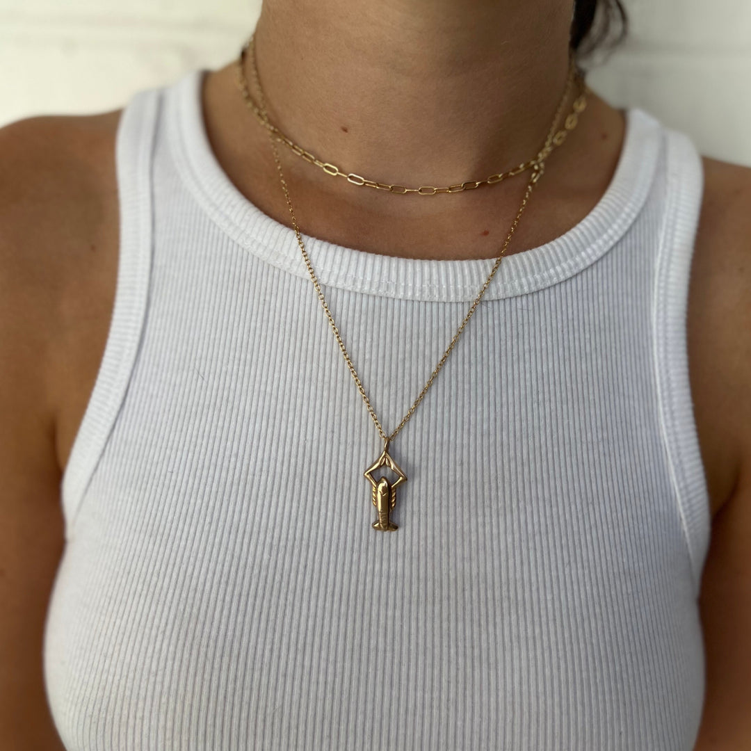 Woman Wearing Handcrafted Crawfish Pendant Necklace