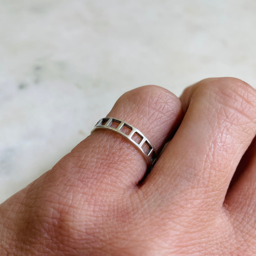 Woman Wearing Handmade Bronze Single Row Grid Ring