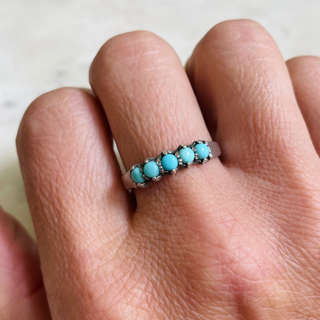 Woman Wearing Handmade Sterling Silver 5 Turquoise Stone Margaret Ring
