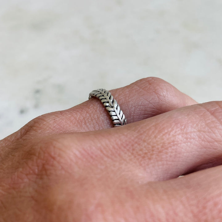 Woman Wearing Handmade Sterling Silver Mimosa Sprig Ring