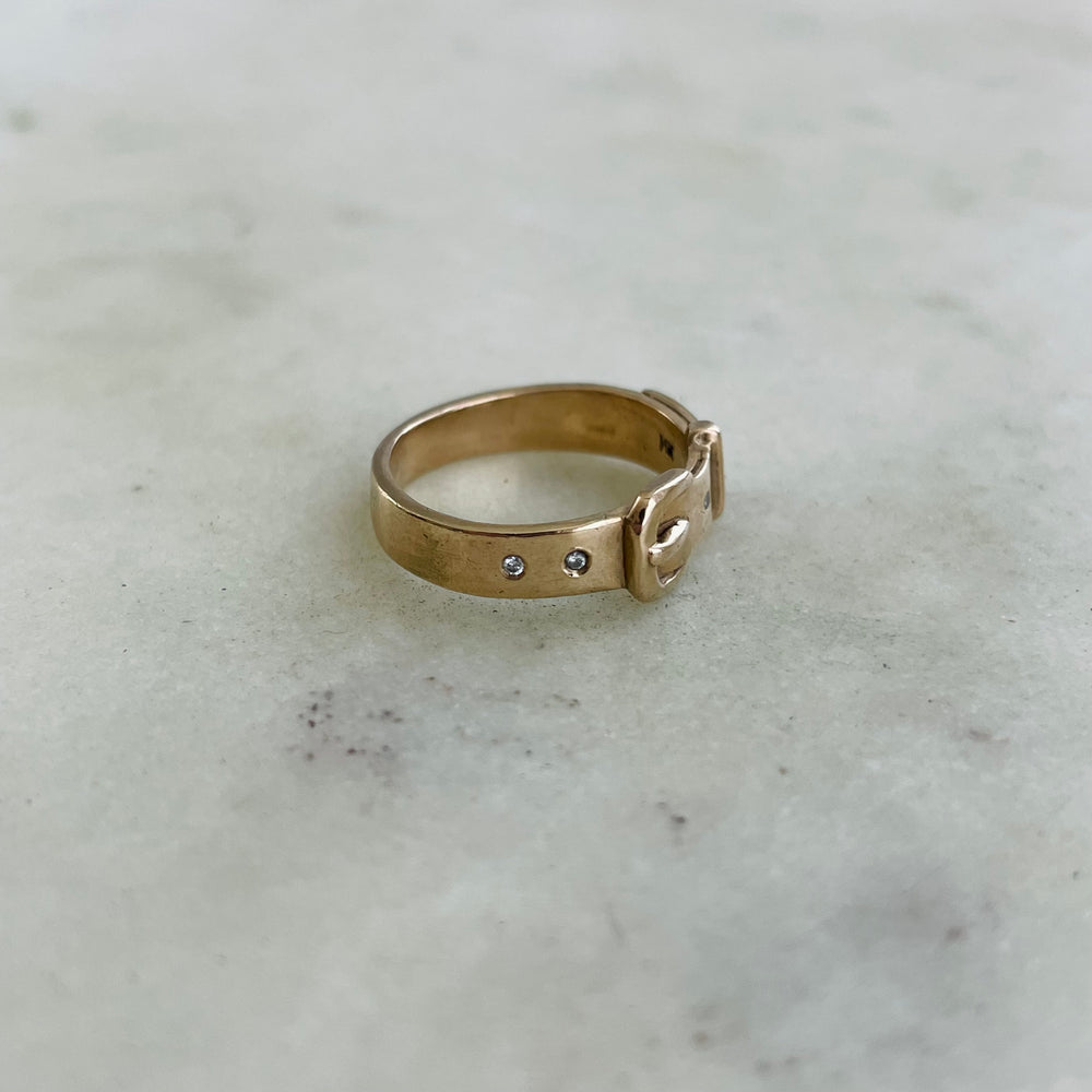 Handcrafted 14K Solid Yellow Gold Belt Ring With Four Small Diamonds