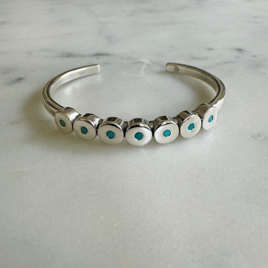 MIMOSA Handcrafted Minimal Circle Stone Cuff with Turquoise in Sterling Silver. 