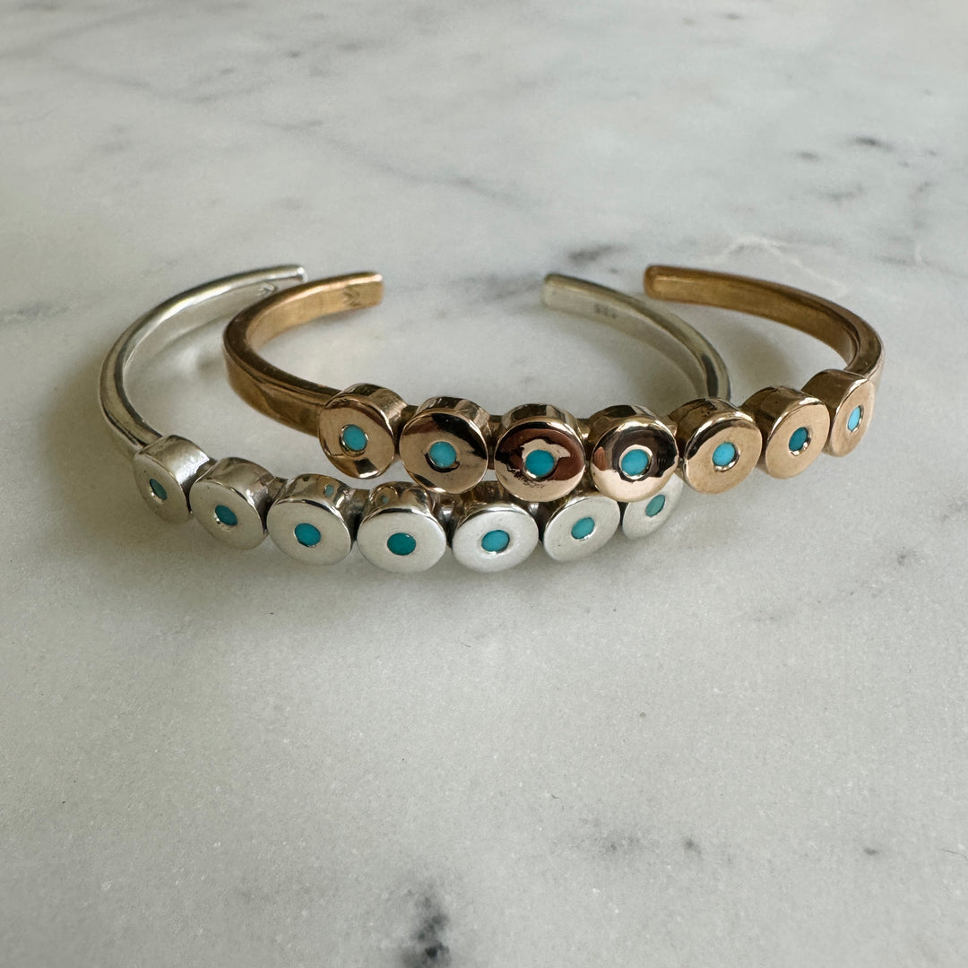 MIMOSA Handcrafted Minimal Circle Stone Cuff with Turquoise in Sterling Silver and Bronze.