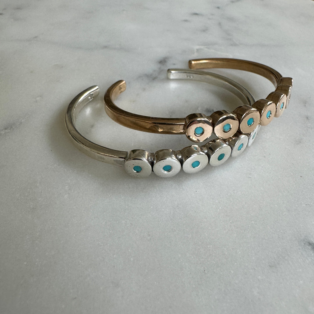MIMOSA Handcrafted Minimal Circle Stone Cuff with Turquoise in Sterling Silver and Bronze.