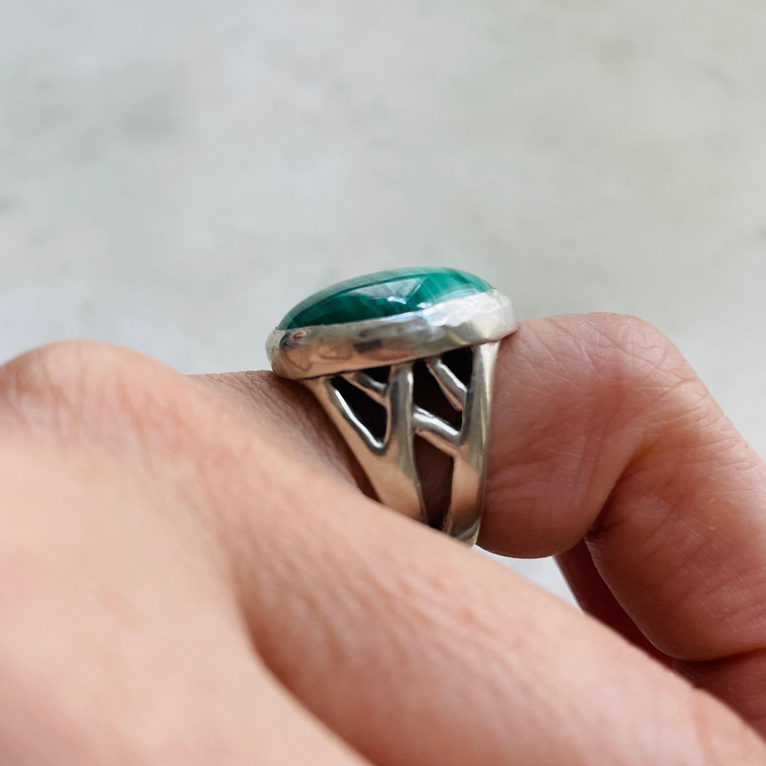 MIMOSA Handcrafted Silver Mother Tree Ring With Malachite