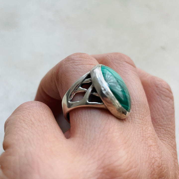 MIMOSA Handcrafted Silver Mother Tree Ring With Malachite