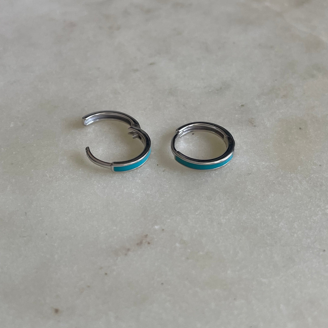 Sterling Silver Huggie Hoops — Turquoise Enamel Earrings | MIMOSA Handcrafted