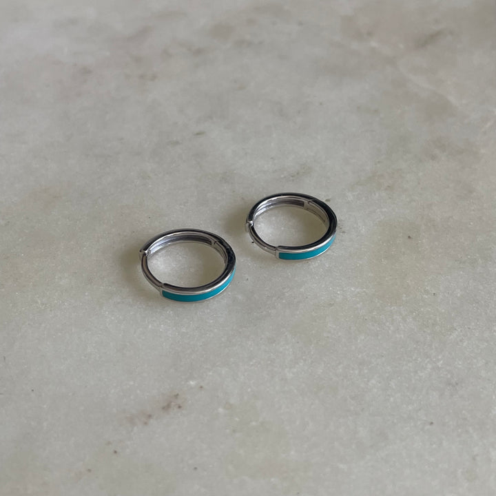 Sterling Silver Huggie Hoops — Turquoise Enamel Earrings | MIMOSA Handcrafted