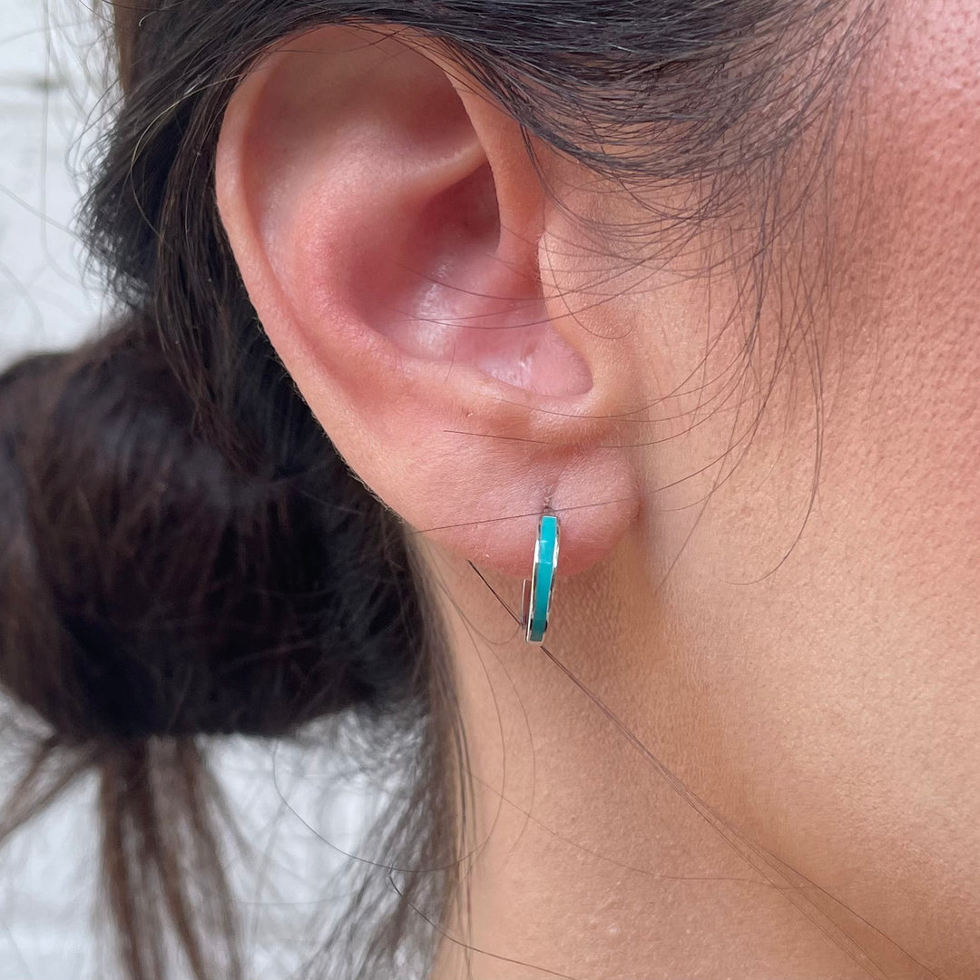 Sterling Silver Huggie Hoops — Turquoise Enamel Earrings | MIMOSA Handcrafted