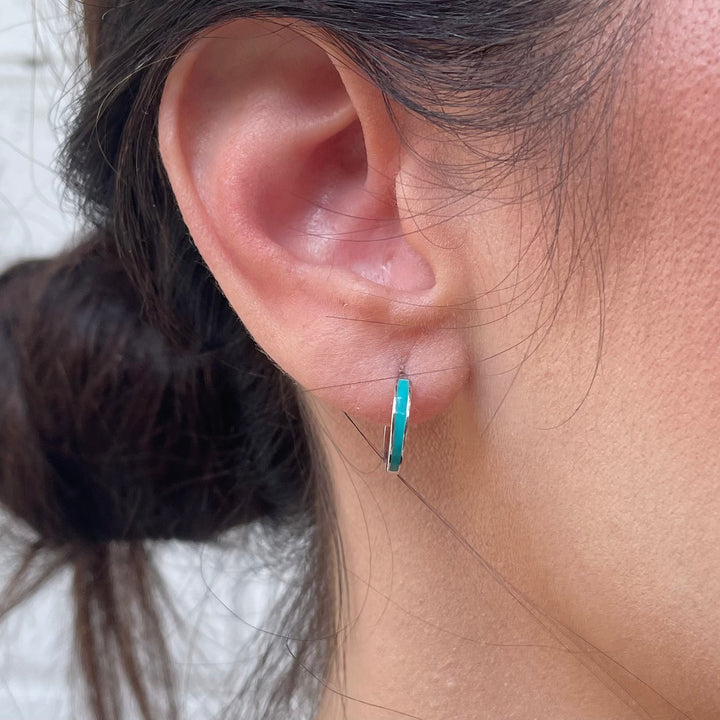 Sterling Silver Huggie Hoops — Turquoise Enamel Earrings | MIMOSA Handcrafted