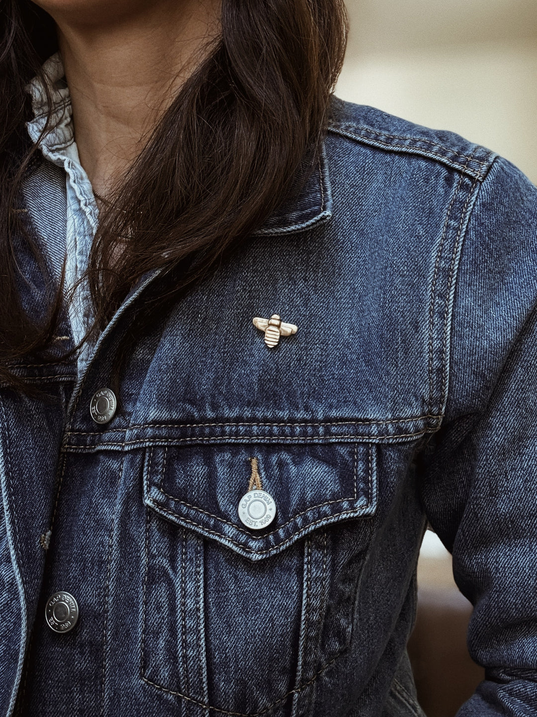 MIMOSA Handcrafted Bee Pin on a Denim Jacket