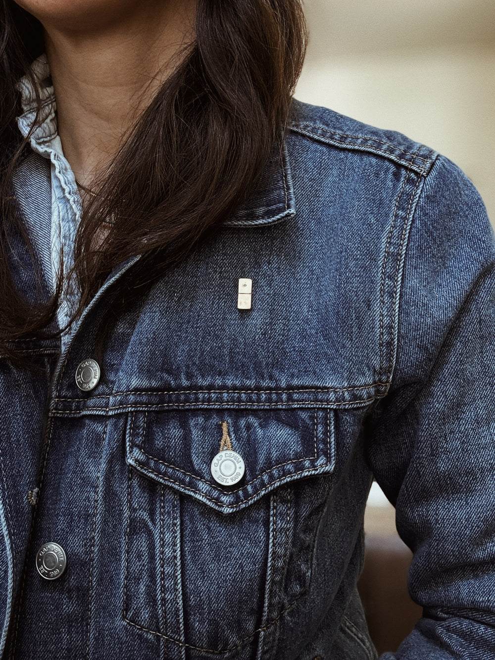 MIMOSA Handcrafted Domino Pin on a Denim Jacket