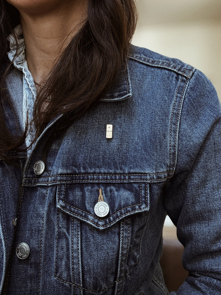MIMOSA Handcrafted Domino Pin on a Denim Jacket