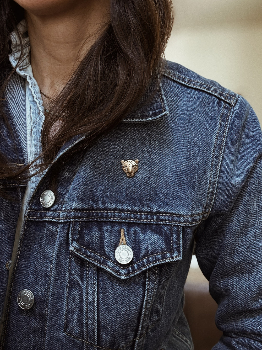 MIMOSA Handcrafted Jaguar Pin on a Denim Jacket