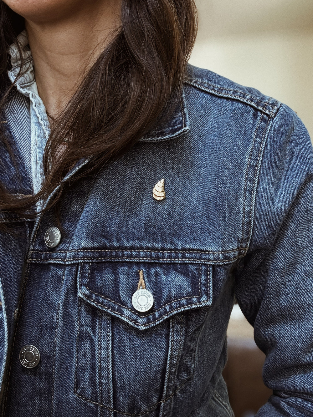 MIMOSA Handcrafted Oyster Pin on a Denim Jacket