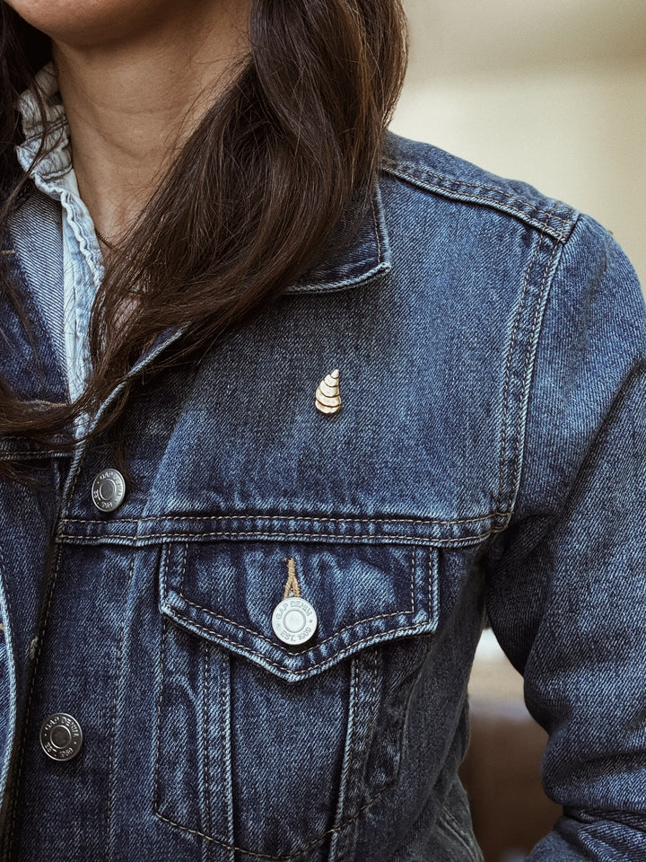 MIMOSA Handcrafted Oyster Pin on a Denim Jacket