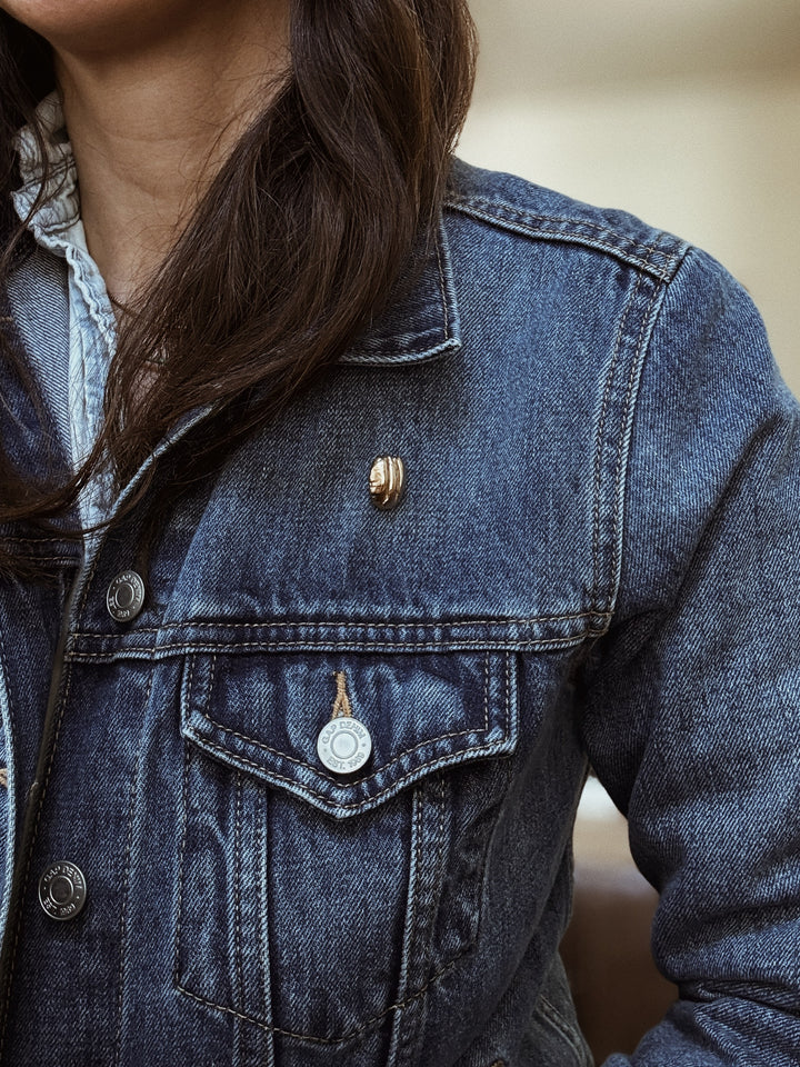 MIMOSA Handcrafted Pecan Pin on a Denim Jacket