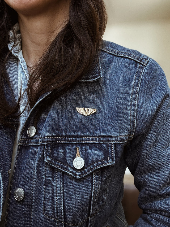 MIMOSA Handcrafted Pelican Pin on a Denim Jacket