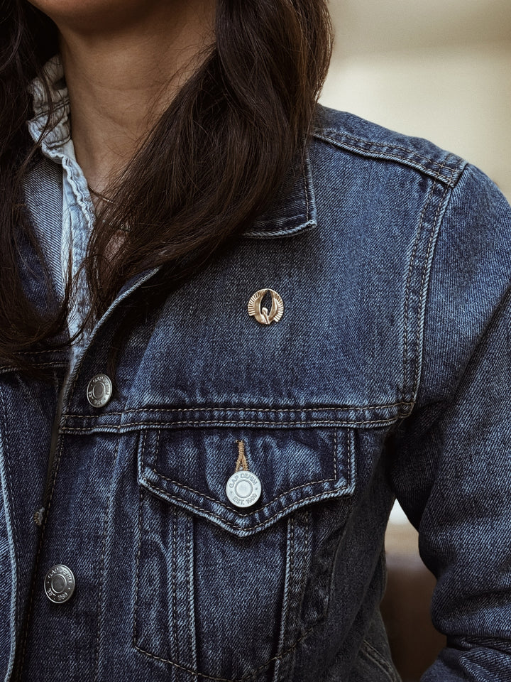 MIMOSA Handcrafted Pelican Pin on a Denim Jacket