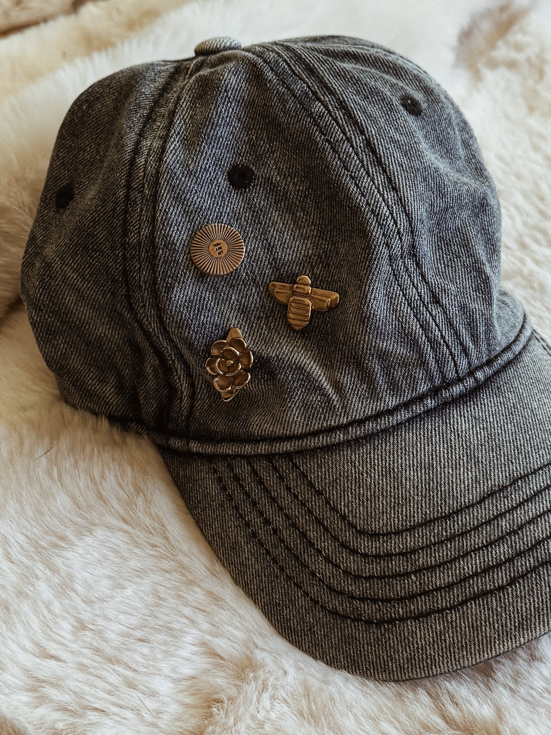 MIMOSA Handcrafted Bee Pin on a Baseball Cap