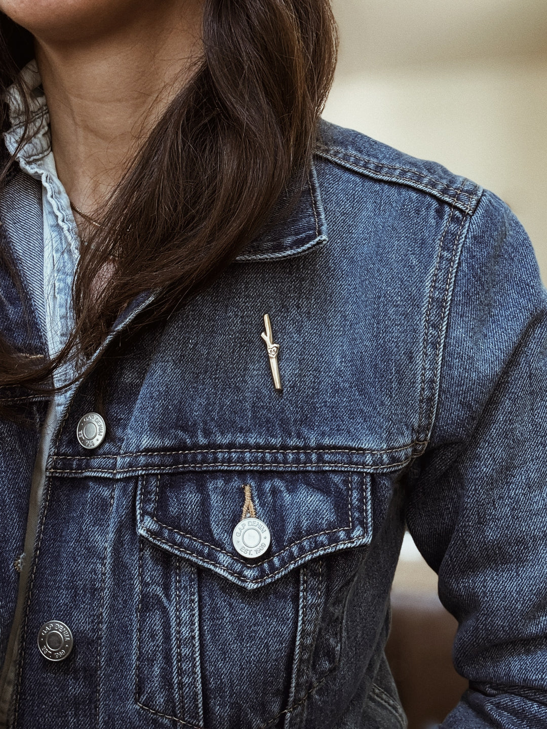 MIMOSA Handcrafted Red Stick Love Pin on a Denim Jacket