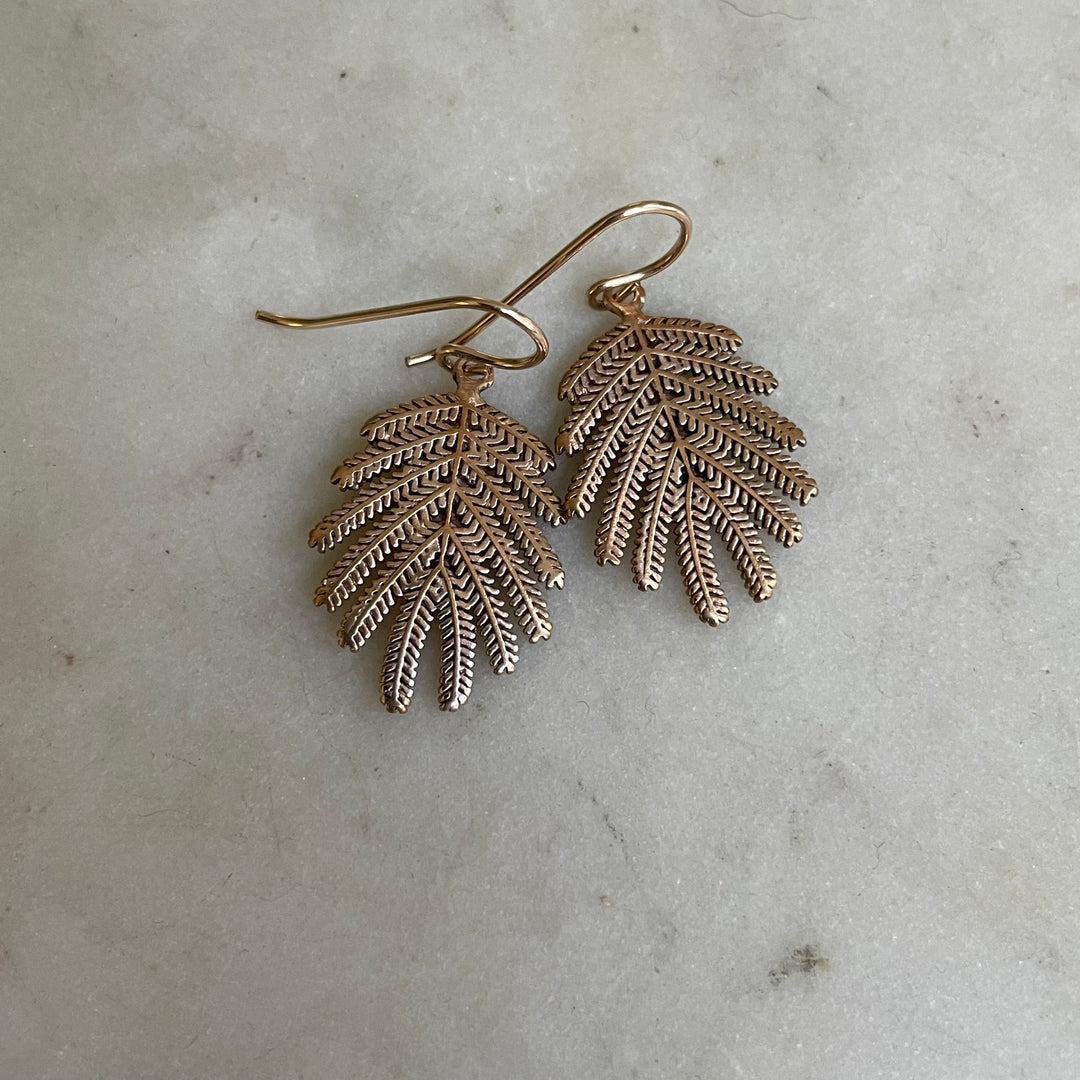 Handmade Bronze Small Mimosa Leaf Earrings on Gold-Filled Ear Wires