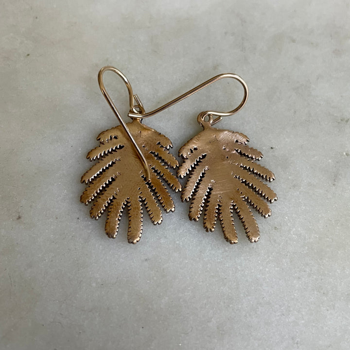 Back of Handmade Bronze Small Mimosa Leaf Earrings on Gold-Filled Ear Wires