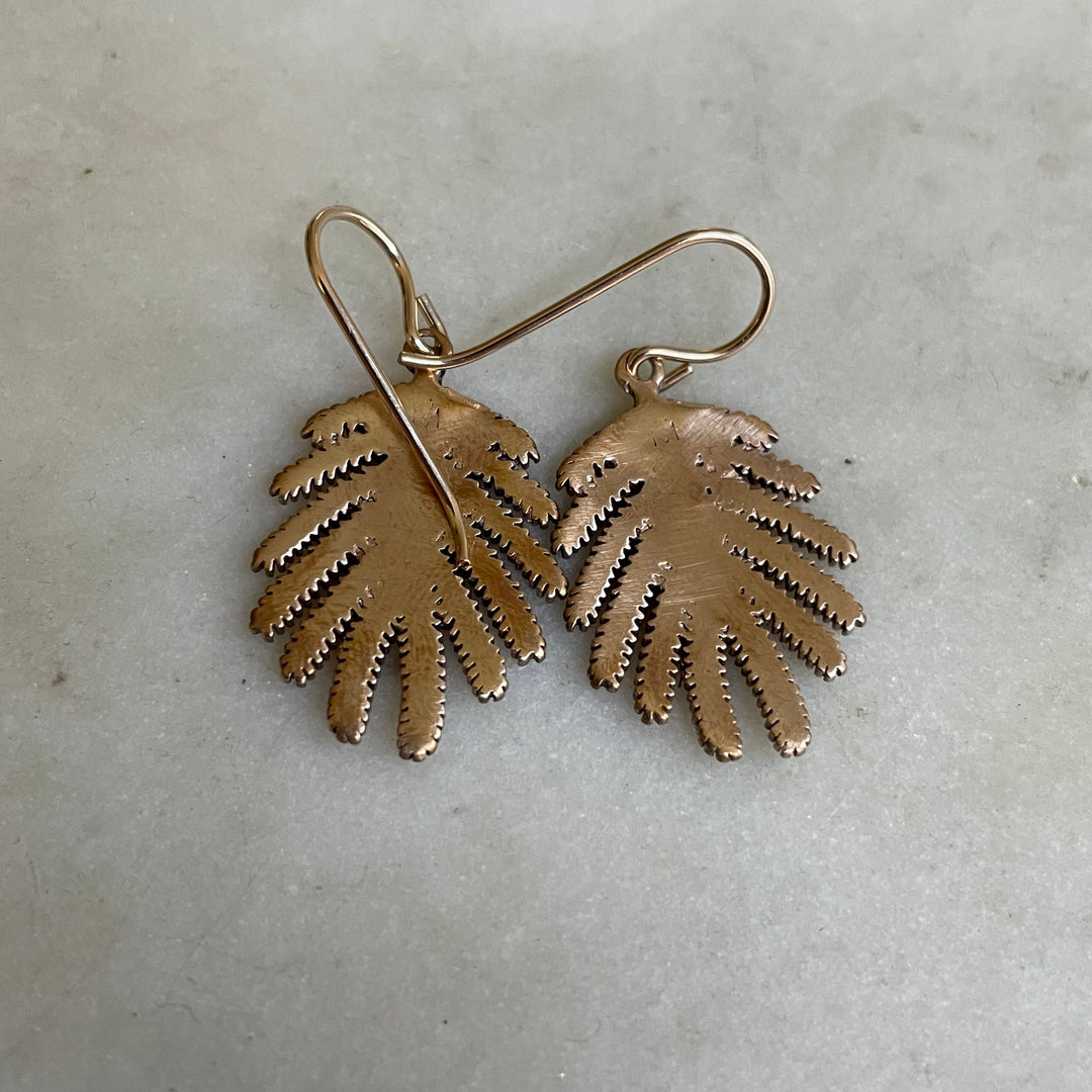 Back of Handmade Bronze Small Mimosa Leaf Earrings on Gold-Filled Ear Wires