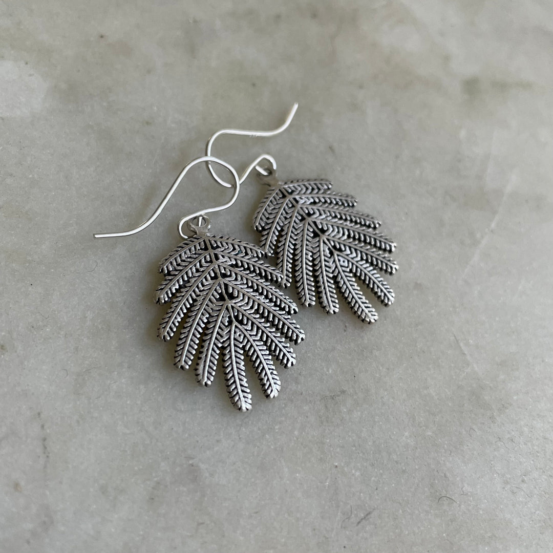 Handmade Silver Small Mimosa Leaf Earrings on Silver Ear Wires