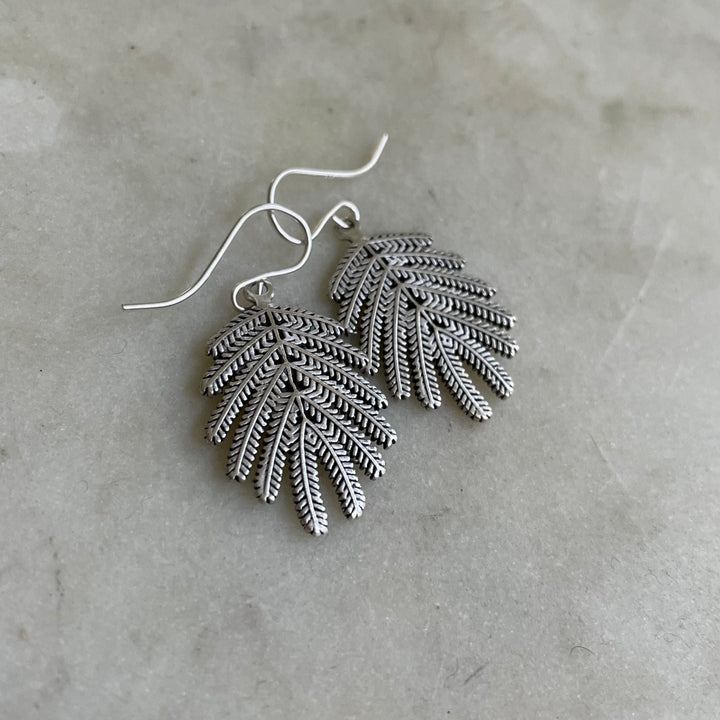 Handmade Silver Small Mimosa Leaf Earrings on Silver Ear Wires