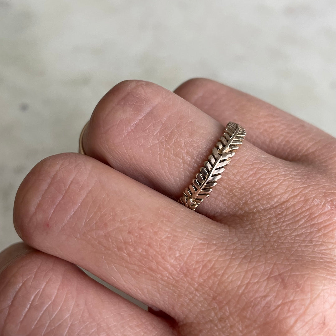 Woman Wearing Handmade Bronze Mimosa Sprig Ring