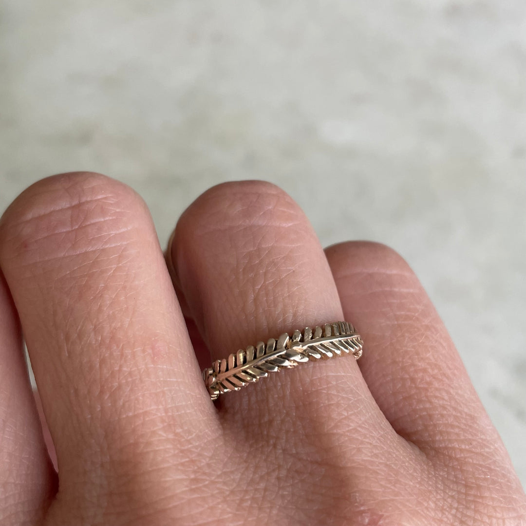 Woman Wearing Handmade Bronze Mimosa Sprig Ring