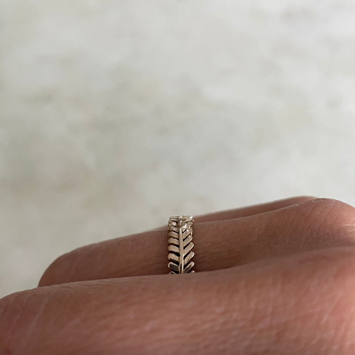 Woman Wearing Handmade Bronze Mimosa Sprig Ring