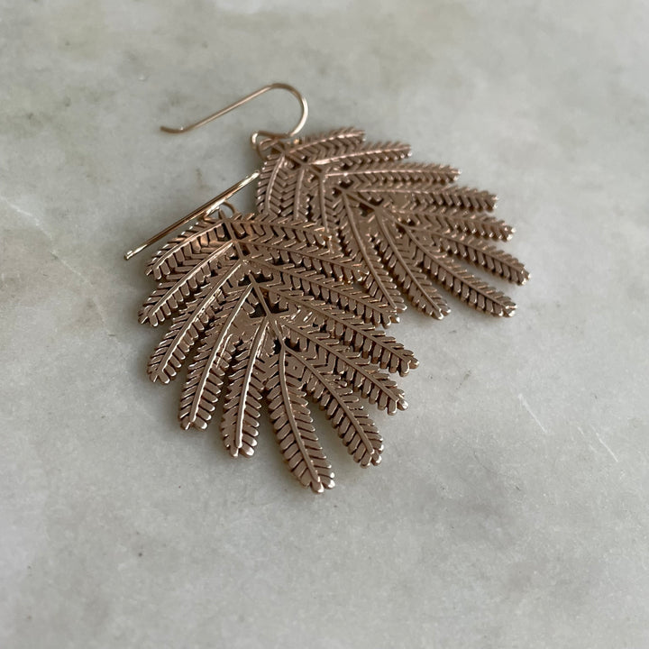 Handmade Bronze Large Mimosa Leaf Earrings on Gold-Filled Ear Wires