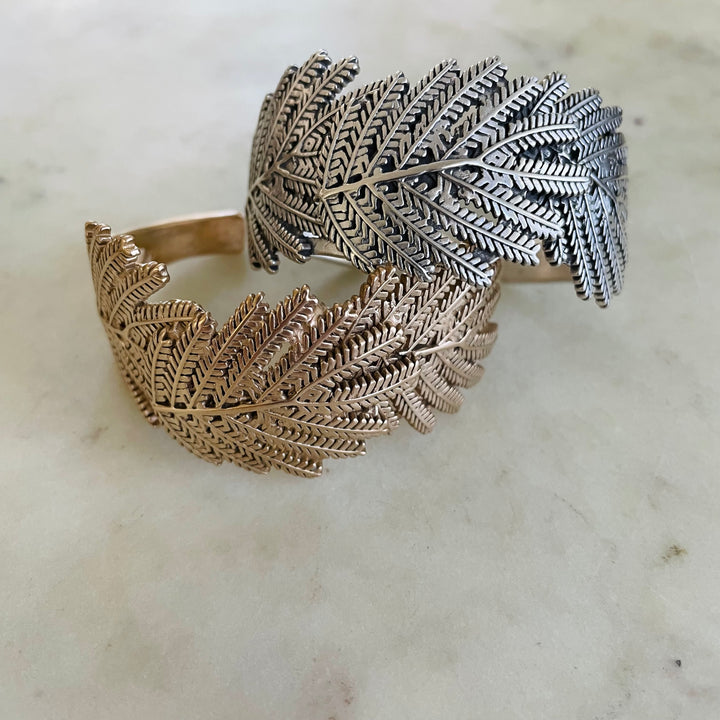 Handmade Bronze and Silver Mimosa Leaf Cuff Bracelets