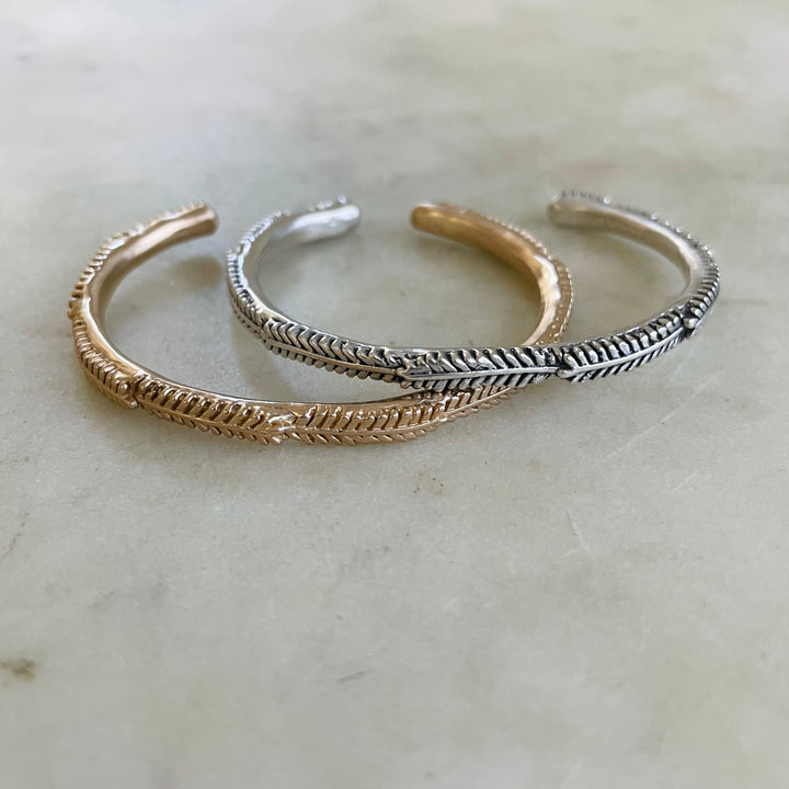 Handmade Bronze and Silver Mimosa Sprig Cuff Bracelets