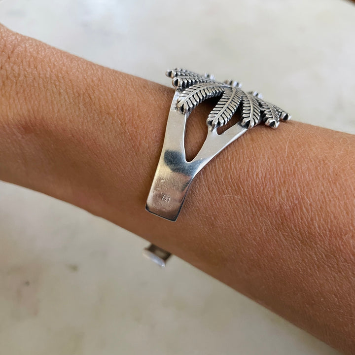 Woman Wearing Handmade Silver Mimosa Leaf Cuff Bracelet