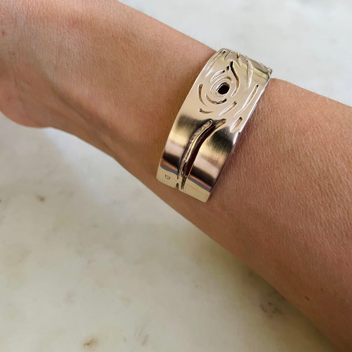 Woman Wearing Handmade Bronze Pecky Cypress Cuff Bracelet