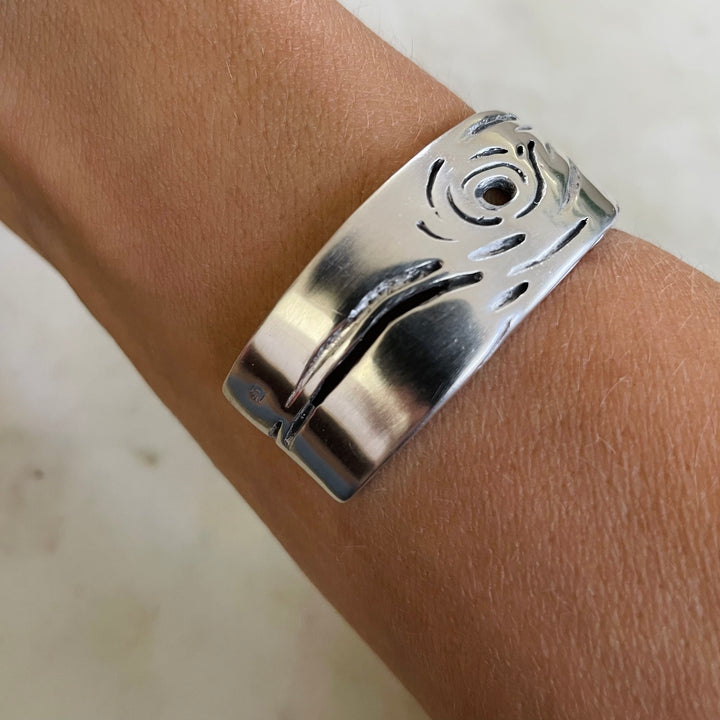 Woman Wearing Handmade Silver Pecky Cypress Cuff Bracelet