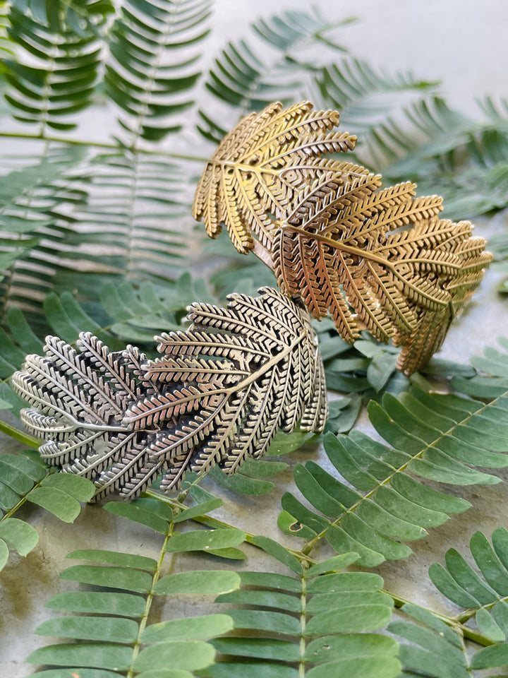Handmade Bronze and Silver Mimosa Leaf Cuff Bracelets