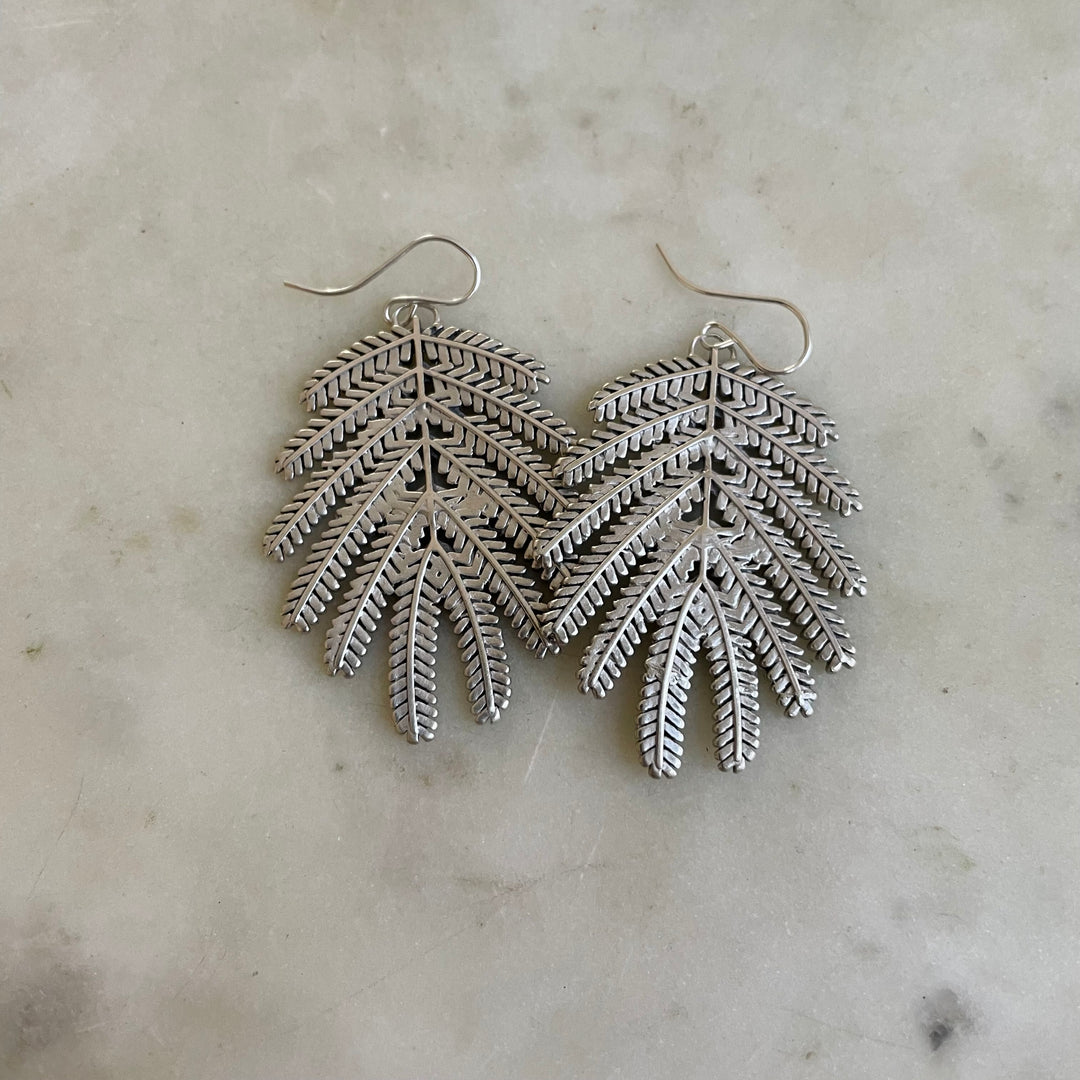 Handmade Silver Large Mimosa Leaf Earrings on Silver Ear Wires