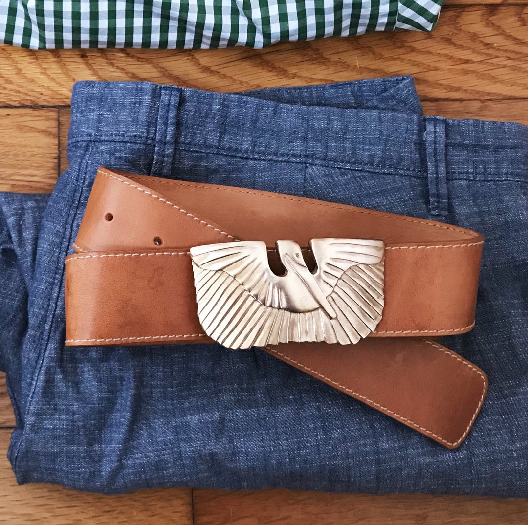 Handmade Bronze Pelican Belt Buckle On Brown Leather Belt