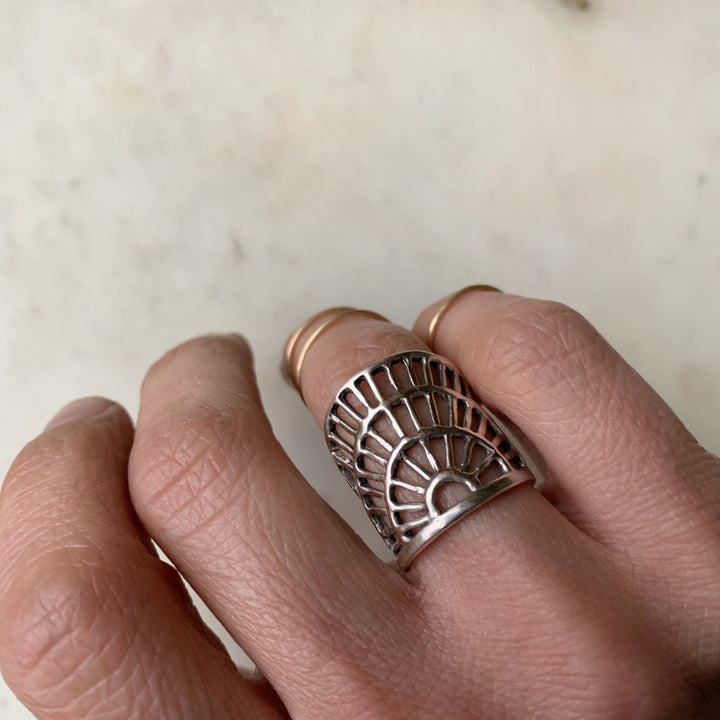 Woman Wearing MIMOSA Handcrafted's Handmade Sterling Silver Shimmering Sun Ring