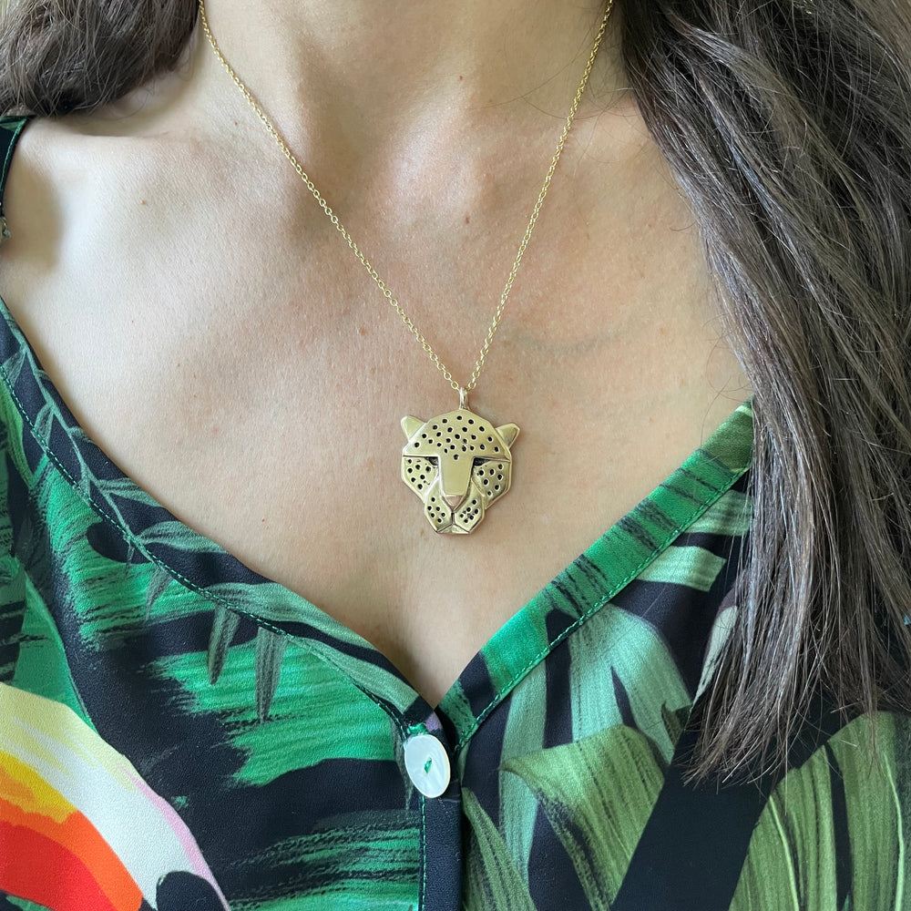 Woman Wearing Handcrafted Jaguar Head Pendant Necklace