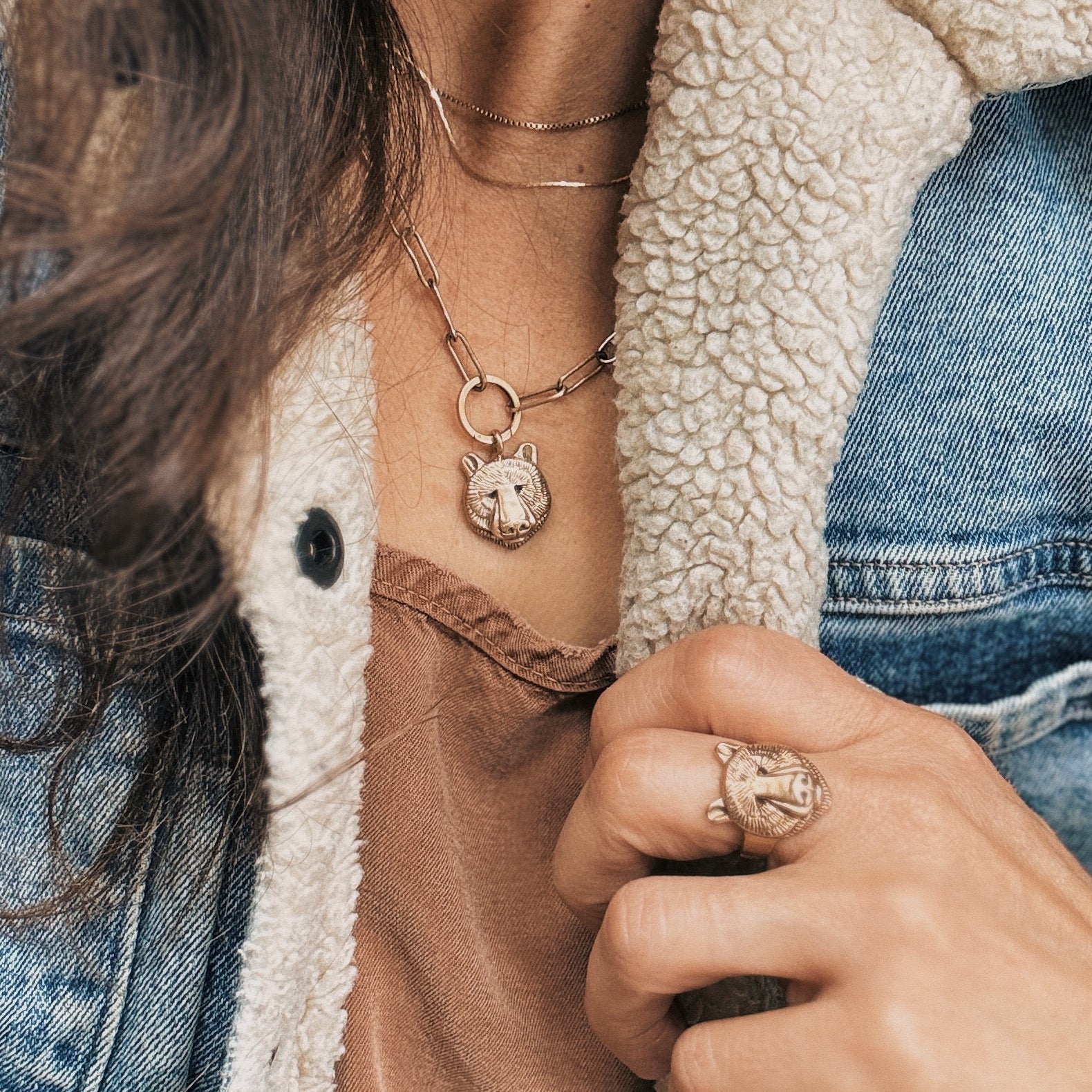 Woman Wears the MIMOSA Handcrafted Bear Head Pendant and Ring