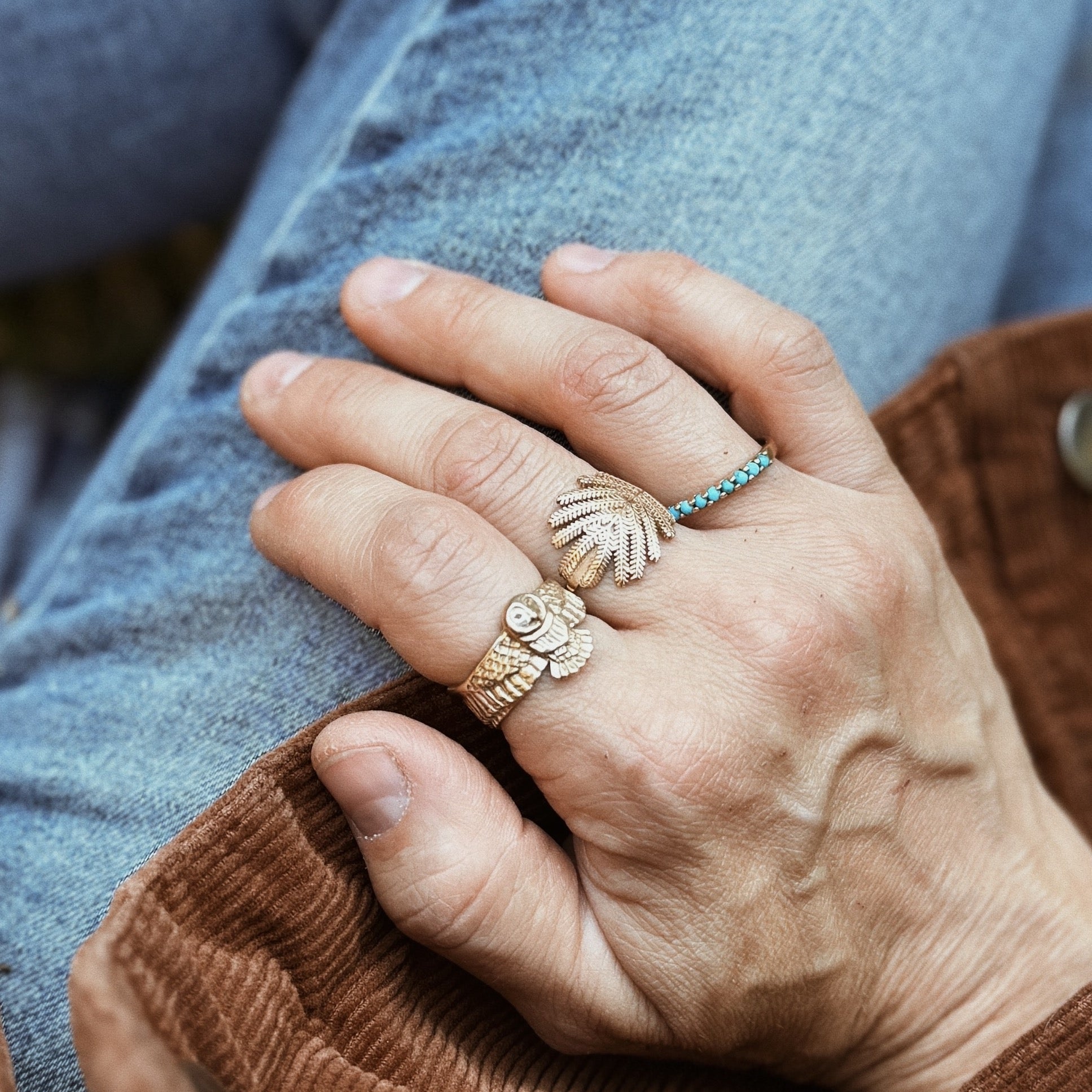 MIMOSA Handcrafted's Bronze Owl Ring, Mimosa Leaf Ring, and Laura Gemstone Ring