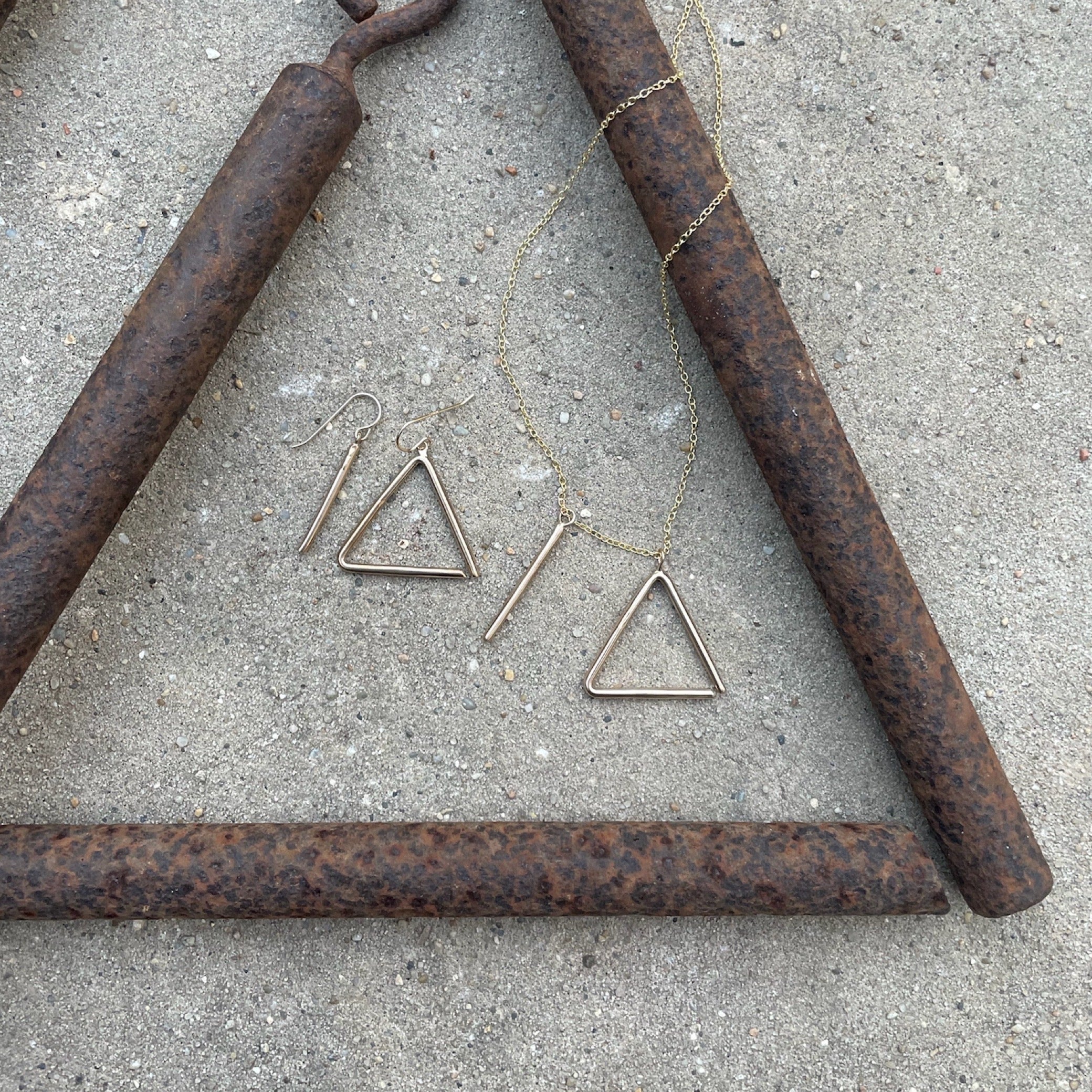 MIMOSA Handcrafted Bronze Triangle Necklace and Earrings