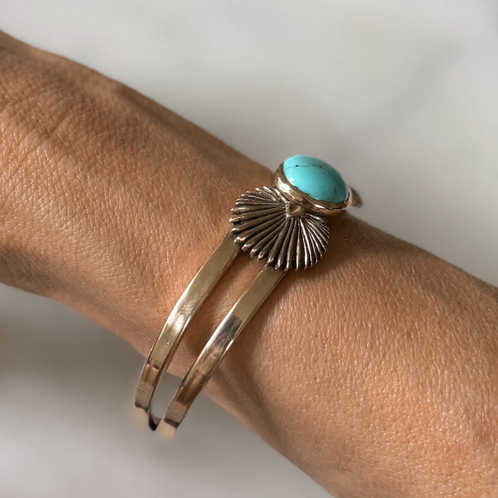 palmetto leaf bracelet with turquoise in bronze
