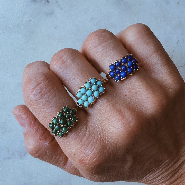 MIMOSA Handcrafted Bronze 13 Stone Rings with Malachite, Turquoise, and Lapis